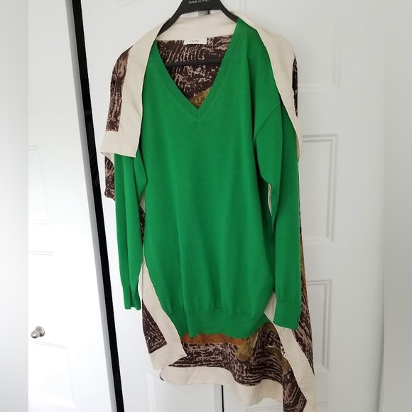 CELINE Green Wool V-Neck Sweater with Silk Foulard Scarf Cape Size Small NWOT - Picture 12 of 13
